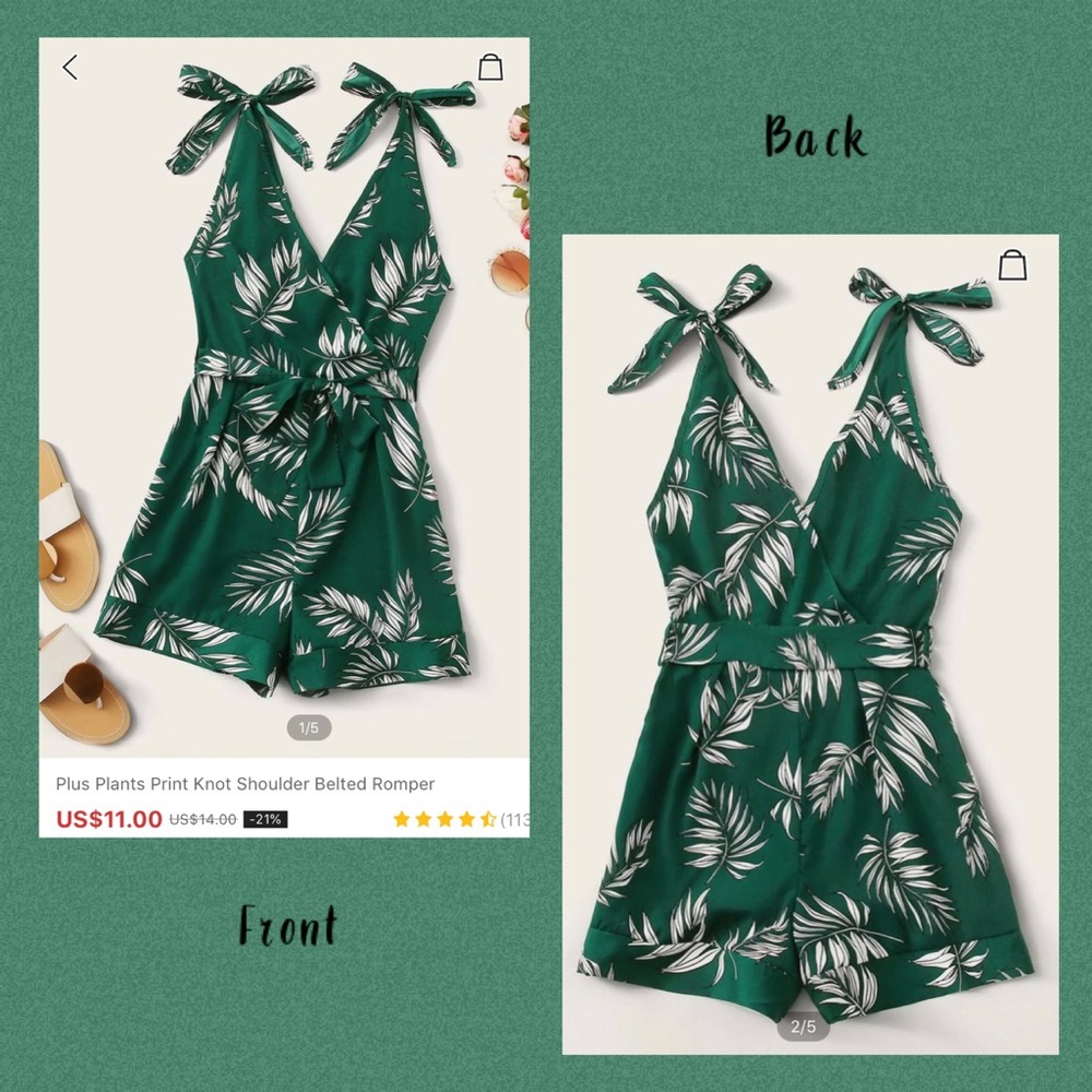 NWT Plants Print Knot Shoulder Belted Romper